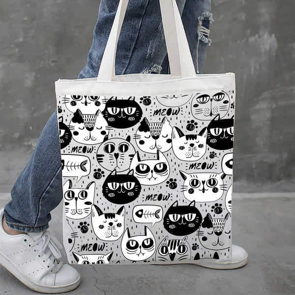 Black & White Cat Face Print Tote Bag